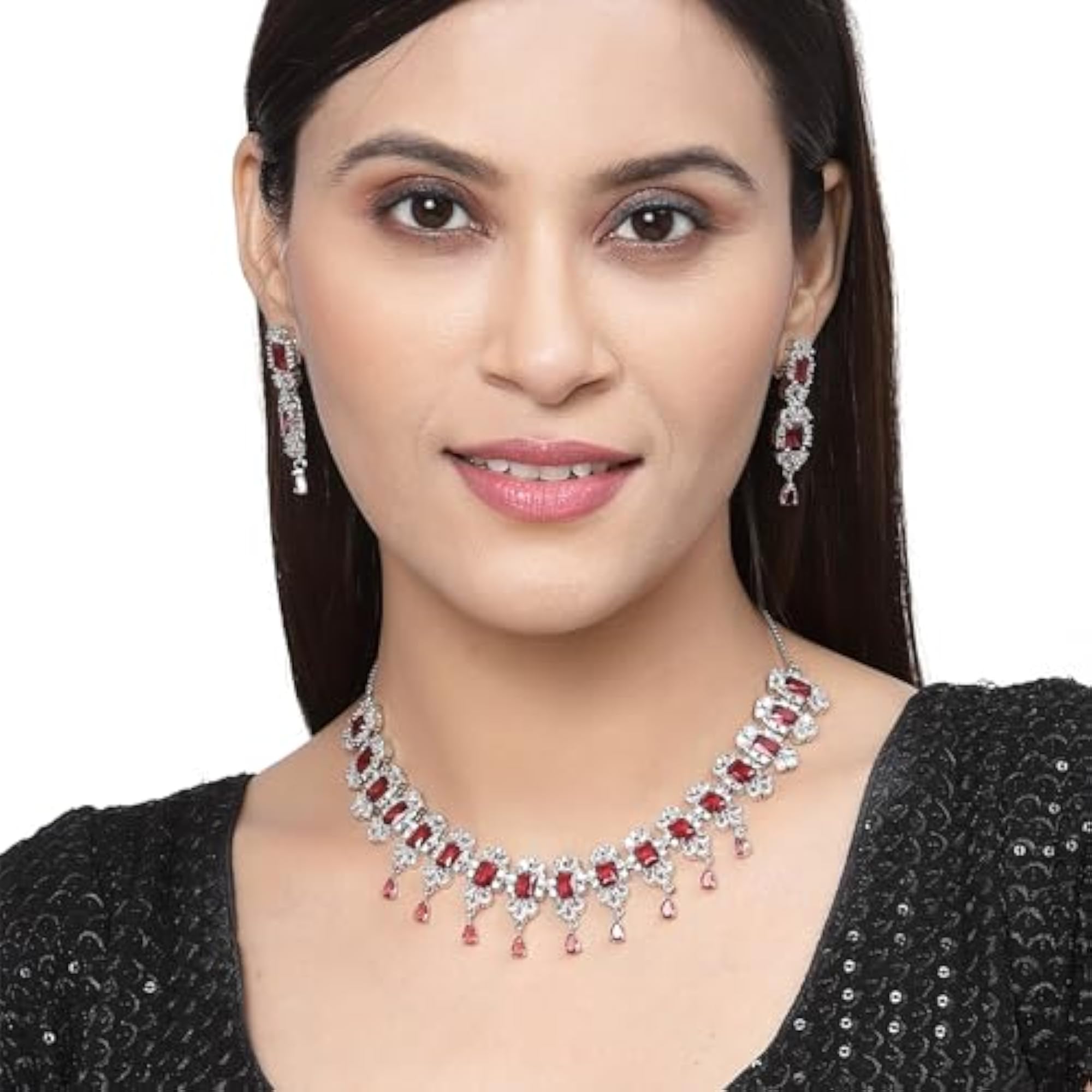 Rhodium Plated Square Shaped Silver Toned American Diamond Necklace Set